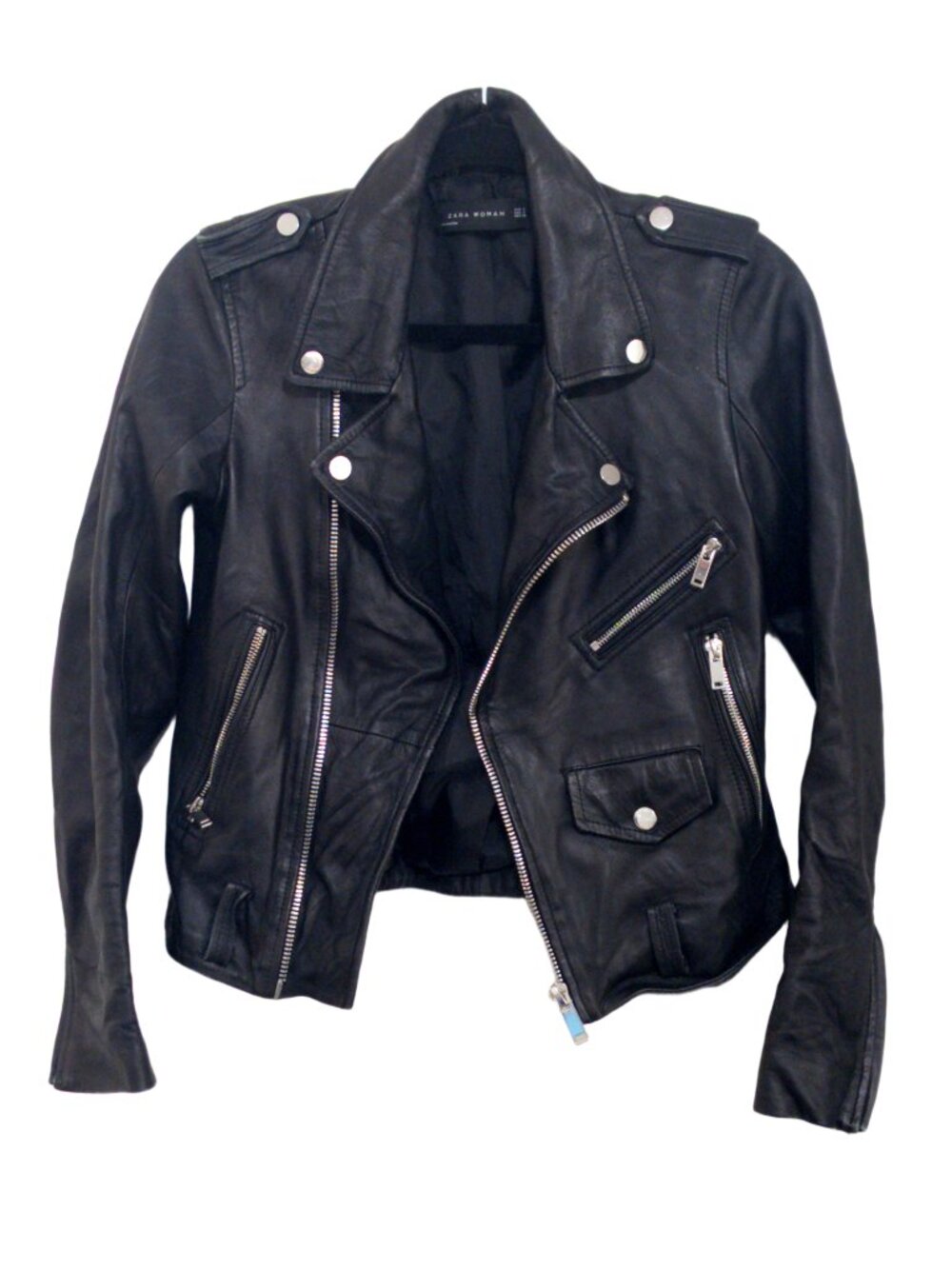 ZARA Woman Soft Leather Biker Moto Jacket Silver Zip Detail Womens Size Small